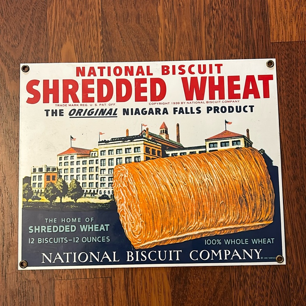 Ande Rooney National Biscuit Shredded Wheat Porcelain Sign Enameled Advertising